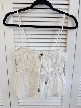 Zara White Ruched Spaghetti Strap Tank Top